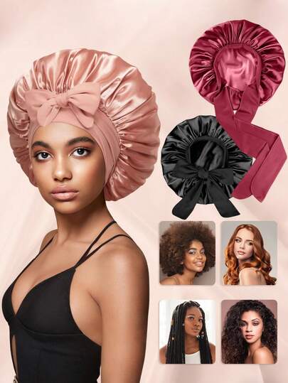 1pc Women's Silk Sleep Cap, Large Size Silk Sleep Cap With Elastic Strap, Adjustable Tie, Suitable For Curly Or Braided Hair