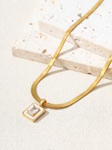 1pc Girl's Pendant Necklace, Minimalist Layered Design, Stainless Steel Flat Chain With Cubic Zirconia Inlaid Rectangular Shell Pendant, Versatile Daily Wear Gift Accessory - Yellow Gold - View 6