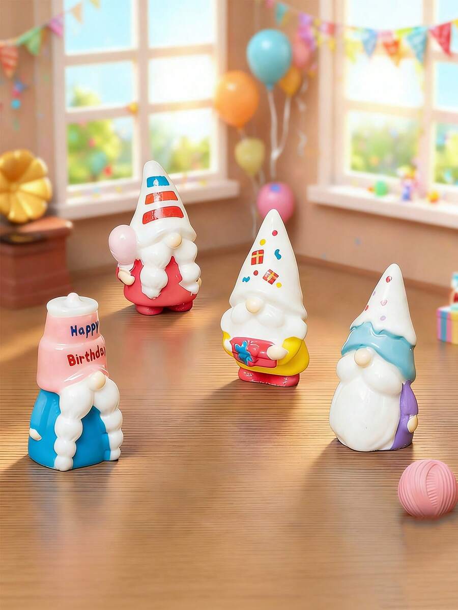 4/8pcs Mini Resin Gnomes Figurines, Miniature Birthday Theme Party Gnome Ornaments, Perfect Birthday Gift, Suitable For DIY Fairy Garden, Valentine's Day, Wedding Decorative, Birthday, Home Office Desk, Sensory Bins, Collector Displays, Car Interior Accessories, Birthday Party Gifts - Multicolor - View 1