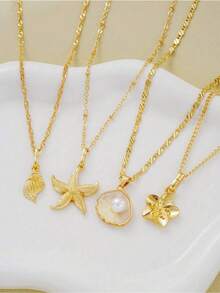 4-Piece Shell Starfish Pearl Flower Metal Multi-Element Pendant Necklace Set Fashion Layered Elegant Vintage Retro Design Suitable For Holiday Party Gift Daily Wear Beach Resort - Vàng - Xem 3