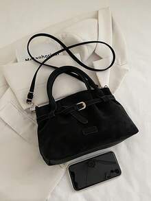 复古麂皮休闲单肩包，大容量手提包，简约时尚水桶包，适合通勤、购物、约会、旅行、办公、商务、生日礼物等场合，拉链封口，可调节肩带，肩带装饰 - 黑色 - 查看 10