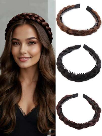Women's Braided Headband With Anti-Slip Teeth, Synthetic Fiber Woven Hairpiece For Fishtail Braid, Simple And Suitable For Daily Wear Hairband Hair Hoop
