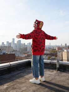 Sudadera con Capucha Unisex Tipo Oversized | Estampado Militar y Bordado de Tiburón | Cremallera Entera, Conjunto a Juego para Parejas | Buzo Ligero pero Abrigado, Ideal para Temporada de Frío - Rojo - Ver 5