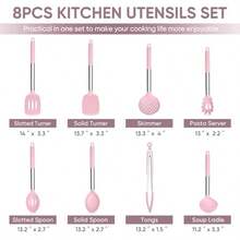 Juego 8 utensilios cocina silicona mango acero inoxidable para antiadherentes freír drenaje resistente calor apto lavaplatos - Rosado - Ver 6
