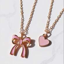 1件双层可爱甜美蝴蝶结爱心项链，粉色珐琅爱心吊坠锁骨链，适合日常佩戴，情人节礼物 - 粉色 - 查看 4