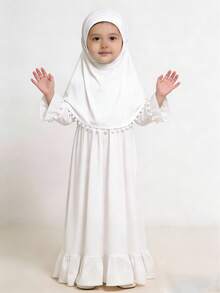 2pcs/Set Muslim Girls' Long Sleeve Solid Color Dress + Headscarf - White - View 4