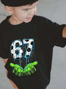 男童休闲印花圆领短袖T恤，夏季上衣 - 黑色 - 查看 1