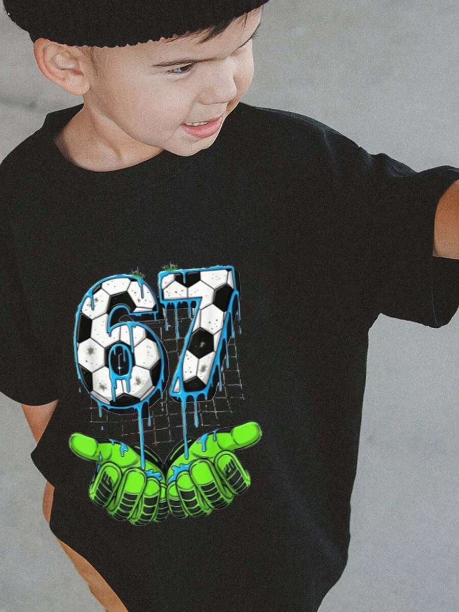 男童休闲印花圆领短袖T恤，夏季上衣 - 黑色 - 查看 1