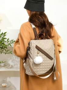 【黑巧克力焦糖格纹双肩包】2026春季新款双肩包、单肩包、手提包，带毛球挂饰，防盗设计，完美适用于办公室、通勤、学校，多功能学院风双肩包、笔记本电脑包、女士包 - A - 查看 6