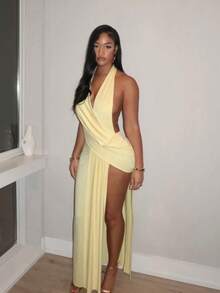 Sunshine Yellow Evening Gown, Fashionable Neck-Revealing Backless Deep V-Neck Sexy Slit Floor-Length Dress For Women, Glamoratti Aesthetic De Skirt - Màu vàng - Xem 5