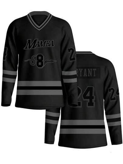 Men's Embroidered Ice Hockey Jersey 8/24 Black Casual V-Neck Long Sleeves T-Shirts Party Sports Top