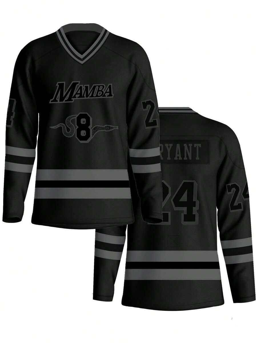 Men's Embroidered Ice Hockey Jersey 8/24 Black Casual V-Neck Long Sleeves T-Shirts Party Sports Top - Black - View 1
