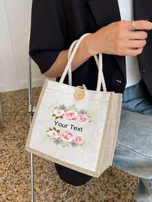1pc Customizable Flower Decor Handbag, Beach Bag, Teacher Bag, Women's Bag, Bride Bag, Bridesmaid Bag, Customizable With Personalized Text And Letters, Suitable For Bridesmaid Gift, Wedding Gift, Teacher's Day Gift - Multicolor - View 3