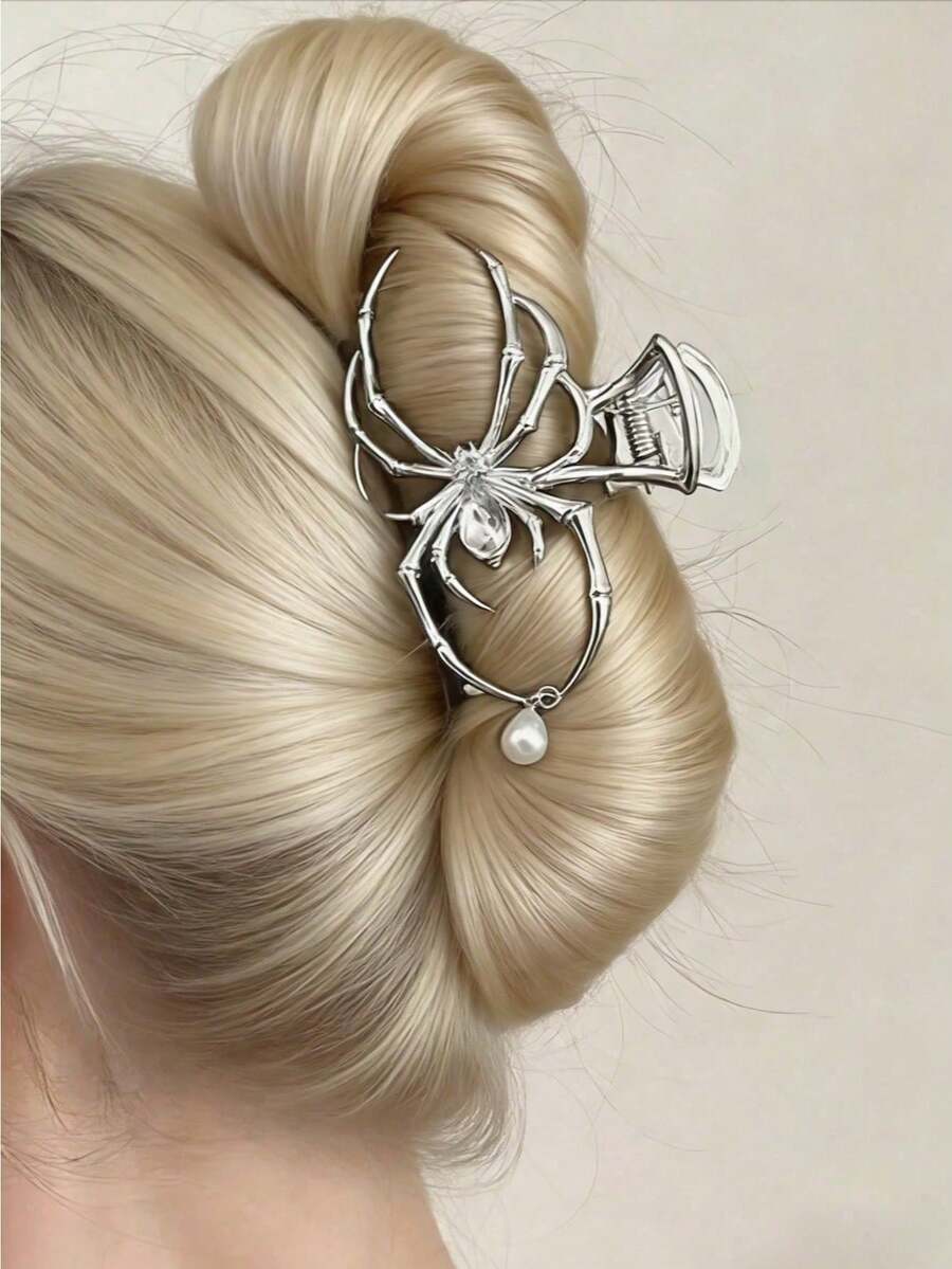 Spider-Shaped Silver Hair Claw Clip With Pearl Pendant, Chic Dark Style Niche Design, Suitable For Daily, Commute, Date, Fashion Hair Accessory - Silver - View 1