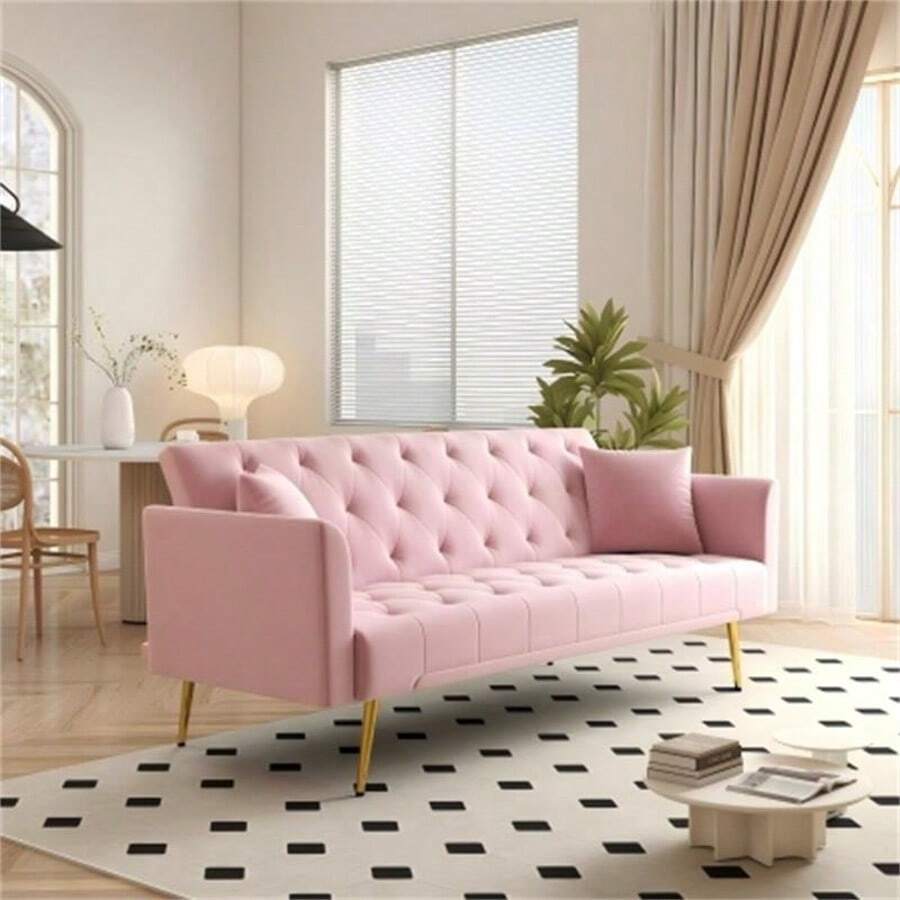 72'' Convertible Sofa Bed Modern Futon Set, Velvet Foldable Reclining Loveseat, Three Adjustment Angles,Mid Century Modern Couches For Living Room/Bedroom/Apartment, Easy Assembly,Beige Color - Pink - View 1