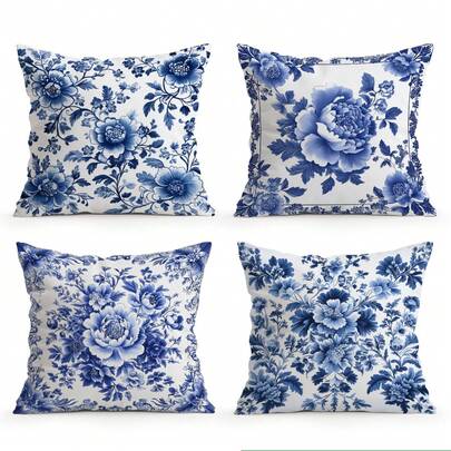 4件套蓝色花卉图案抱枕套，单面印花，适用于客厅、卧室家居装饰，四季皆宜 - 不含枕芯