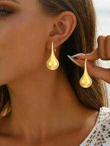 1 par de pendientes de botón minimalistas de acero inoxidable con forma de gota de agua para mujeres - Amarillo Oro - Ver 2