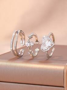 3pcs/Set Fashionable Silver Heart Woven Textured Geometric Rings Set For Women, Innovative Design, Lightweight & Luxurious, Open Rings - Silver - View 9