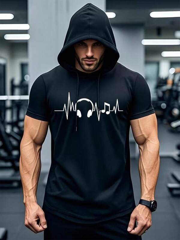 Men's Casual Fashion Printed Drawstring Breathable Hooded Short-Sleeve T-Shirt
