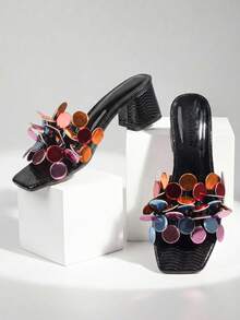 Women's Shiny Black Sequin Flower Decor Block Heel 5cm Block Heel Sandals, Summer European And American Style Party Evening Gold Glitter Rhinestone Square Thick Heel Slides - Black - View 3