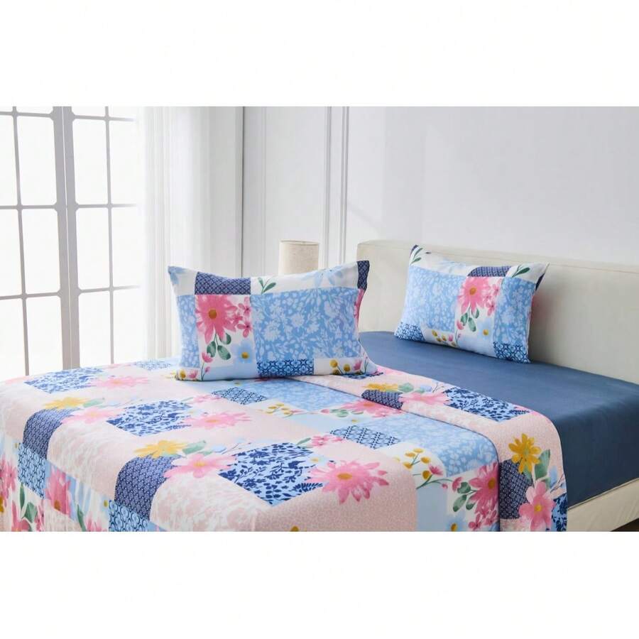Soft Printed Sheet Set Fitted And Flat Bed Sheet With Pillowcases All Season Bedding - Liza Blue - View 1