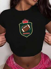 Football Shield Crown Emblem Fashionable Women's Short Sleeve T-Shirts - Black - View 6