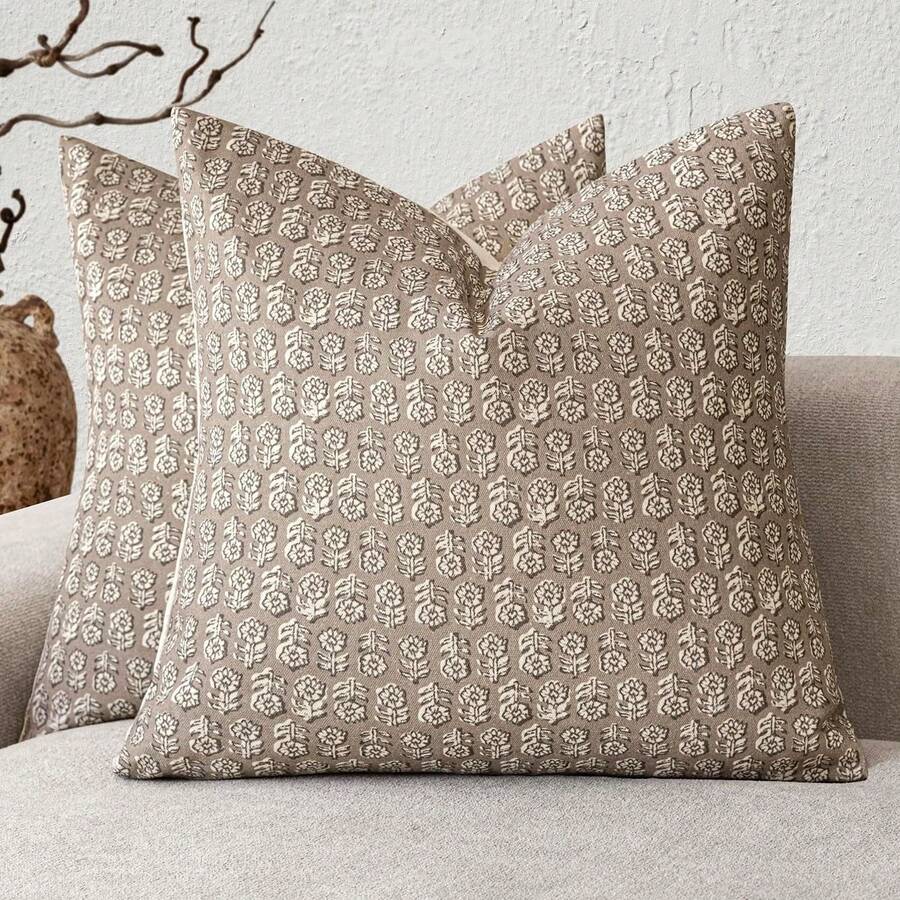 1pc Linen Unfilled Pillowcase, Bohemian Floral Print Neutral Pillowcase, Suitable For Living Room And Home Use - Floral Light Brown - View 1