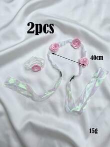 2pcs/Set Pink Rose Flower Crown + Flower Bracelet Set, For Girls, Ice & Snow Themed Wedding, Bridal, Party, Photo Booth Props, Wedding Decor, Flower Crown, Wrist Flower, Valentine's Day Gift, Parent-Child - Pink - View 4