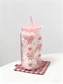 Reusable Bow Print Glass Cup With Lid & Straw - Leak-Proof Transparent Beverage Cup Suitable For Iced Coffee, Bubble Tea - Multicolor - View 2