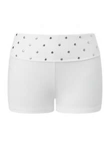 Women Y2K Vintage Rivet Foldover Shorts, Low Rise Mini Shorts, Casual Boxer Shorts, Lounge Pj Shorts Boy Shorts Micro Shorts Elastic Waist Hemming Bottoms - 白色 - 查看 4