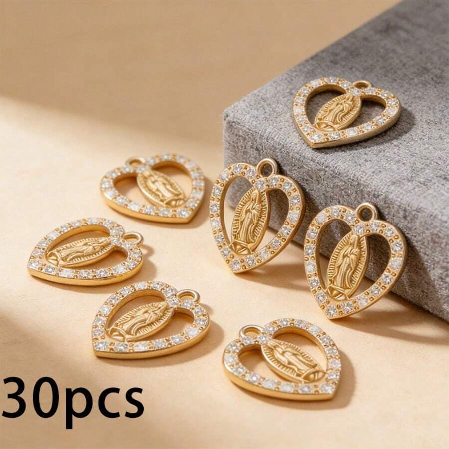 30个宗教合金圣母玛利亚心形吊坠，DIY项链、手链、珠宝配件 - 金色 - 查看 1