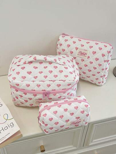 1 st alla hjärtans dag rosa hjärtformad rutig quiltad sminkväska sminkväska bärbar stor kapacitet kosmetikväska med dragkedja, för resor och semesterns nödvändigheter, för bindor, nycklar, läppstift, kosmetika, parfym, sminkborstehållare, förvaring, smyckesaccessoarväska, för hudvård och skönhetsprodukter, för kvinnor, studenter, skolflickor, för vänner, presenter