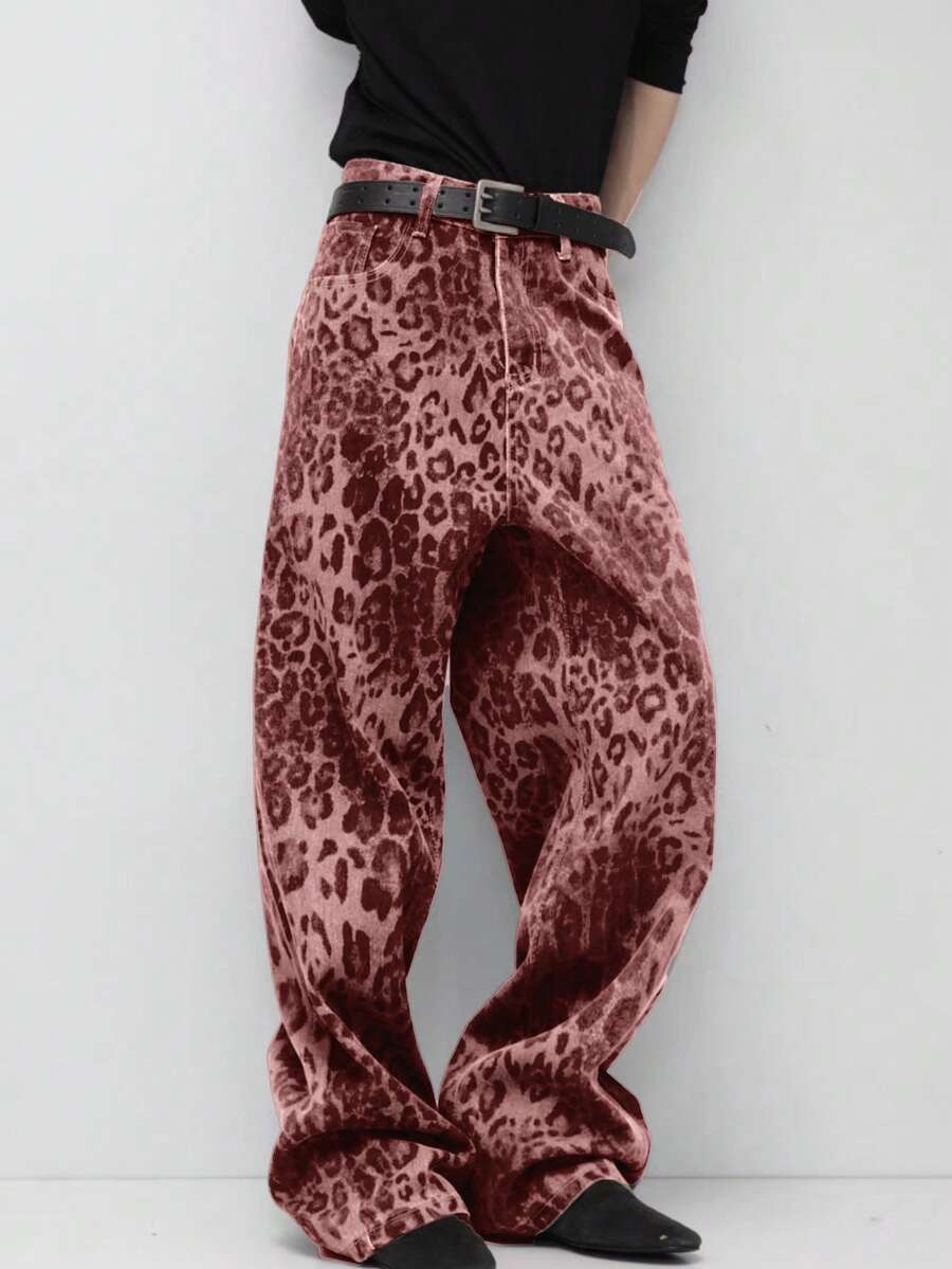 Quần jean nam dáng suông rộng, họa tiết da báo Mỹ, phong cách retro đường phố, phù hợp mọi mùa. - Đỏ - Xem 1