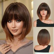 7JHH WIGS 女士短款渐变棕色层次感波波头假发，短直发带刘海，深色发根，全机织耐热合成假发，适合日常派对、音乐节庆典和角色扮演等场合佩戴，12英寸 - 漸層棕色 - 查看 13