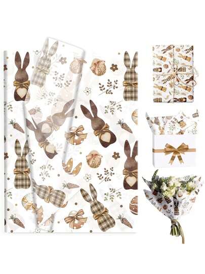 10张复活节主题纸巾，图案包括兔子、彩蛋和胡萝卜，尺寸为35x50厘米，适用于复活节装饰、生日派对、礼品袋填充、花束包装和礼品盒包装。是复活节、生日和春季派对的理想之选。