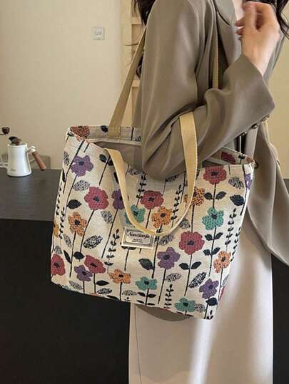 时尚花卉图案大容量通勤手提包套装，包含一个大包和一个小包，图案相同，简约时尚，油画风格设计，适合大学生单肩背，宽敞的拉链旅行包，返校季必备，也适合通勤、购物和日常休闲使用，是送礼佳品，也适合旅行度假、情人节、生日、节日礼物。