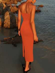 Women's Sexy Hollow-Out Bustier Metal Decor Bodycon Dress, Long Camisole Y2K Style Elegant Vacation, Party, Wedding Guest, Cocktail Dress, Fashionable Hollow-Out Dress, Spring/Summer/Autumn - Coral Orange - View 5