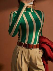 女士秋冬高领条纹T恤衫，休闲日常穿着（JH25167） - 綠色 - 查看 1