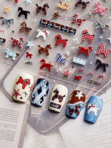 1张DIY浮雕美甲贴纸，甜美酷炫美甲贴纸，现代简约布艺，小马贴纸，马年贴纸 - 彩色 - 查看 4