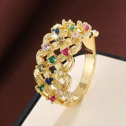 1pc Fashion Grid Flower Design Cubic Zirconia Inlaid Women's Casual Gift Ring