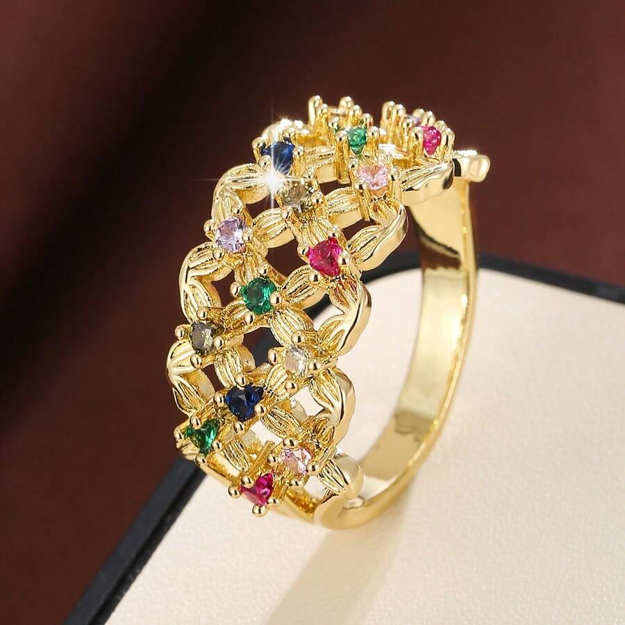 1pc Fashion Grid Flower Design Cubic Zirconia Inlaid Women's Casual Gift Ring - Multicolor - View 1
