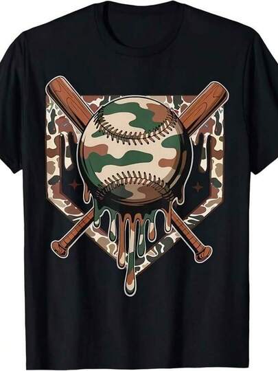 Men's T Shirts Men's & Women's Baseball Drip Graphic T-Shirt - Camo Baseball Bat & Ball Design With Dripping Effect, Black With GreenBeige Camo Print, Comfortable Cotton Round Neck Streetwear Tee For Sports & Casual Wear - Unisex Adult Sizes, Machine Washable, All-Season Wear, Retro Style Baseball-Themed Apparel With Dripping Ice Cream & Camo Pattern, Short Sleeve Round Neck For Men And Women, Everyday Outfit, Soft Fabric, Breathable Material Men's Casual Print Round Neck Short Sleeve T-Shirt Standard Fit T-Shirt For Men