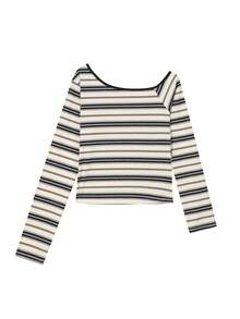 Áo thun cổ xéo kẻ sọc tương phản chất lượng cao kiểu Hàn Quốc, áo croptop dáng ôm mới, chất liệu vải ngẫu nhiên, thích hợp cho kỳ nghỉ biển. - Màu be - Xem 4