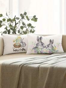 2pcs Easter Style Pillow Covers, Easter Eggs & Bunny Print Pattern, Super Soft Material Cushion Cases With Invisible Zipper Closure, Machine Washable, Home Decorative Throw Pillow Covers For Sofa, Living Room, Bedroom, No Pillow Insert - Multicolor - View 2