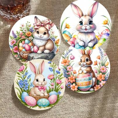 6 st/set påskunderlägg i trä, med söta kanin- och blommiga äggmönster, lämpliga för hem, kontor och fest, påskgåva, påskdekor, påskbordsskiva, festdekor, heminredning, finns i 1 set, 2 set eller 3 set