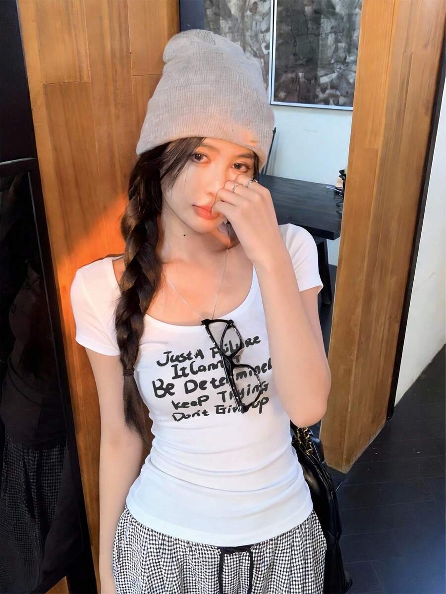 Áo thun nữ cổ chữ U tay ngắn, kiểu dáng Mỹ quyến rũ, in chữ mới mùa hè, áo crop top ôm sát thời trang và đa năng, phong cách thường ngày. - trắng - Xem 1