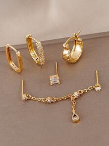 5Pcs Dainty Gold Earrings Set For Women, Cubic Zirconia Chain Drop Earrings & Huggie Hoops, Jewelry For Party & Date Night - Yellow Gold - View 3