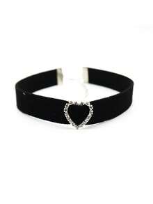 1pc Women's Retro Black Velvet Exaggerated Rhinestone Heart Short Necklace, Personalized Fashion Choker Necklace - Multicolor - View 1