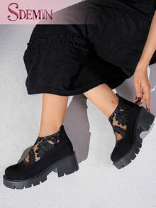 SDEMIN Early Autumn And Winter Daily Wear, Date Travel, Ladies' Temperament, Floral Print Lace Ankle Boots, Back Zipper Square High Heels, Round Toe Boots, And Fashionable Pointed Black Mesh Breathable High Heels - màu đen - Xem 5