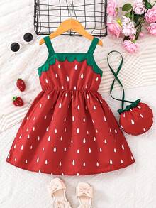 2件套女童红色草莓印花连衣裙配迷你斜挎包，春夏款 - 紅色 - 查看 2